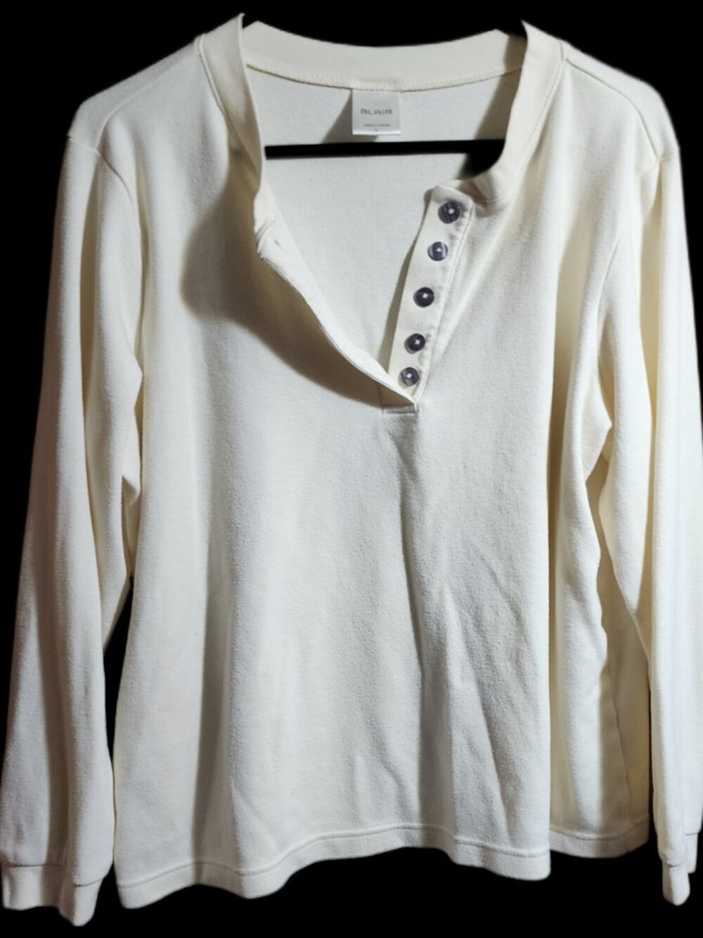 BLAIR Women's Large Cream Fleece Henley Pullover Long Sleeve Sweatshirt